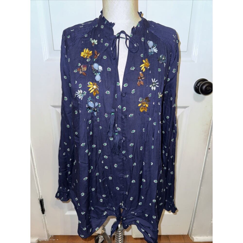 Anthropologie Ashton Peasant Top Vanessa‎ Virginia Navy motif Size 4
